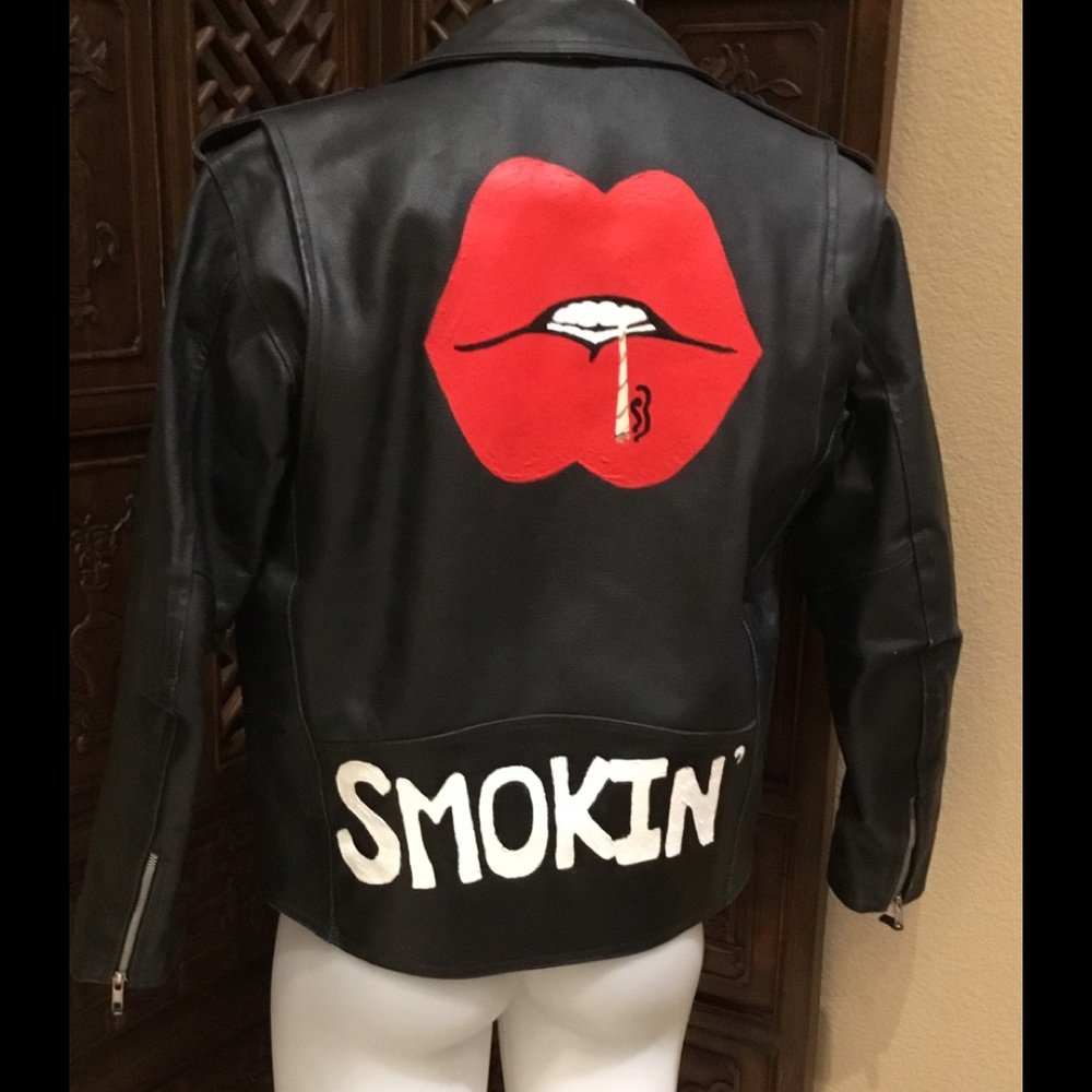 💋 LEATHER MEN JACKET SIZE 36 WITH CUSTOM GRAPHICS